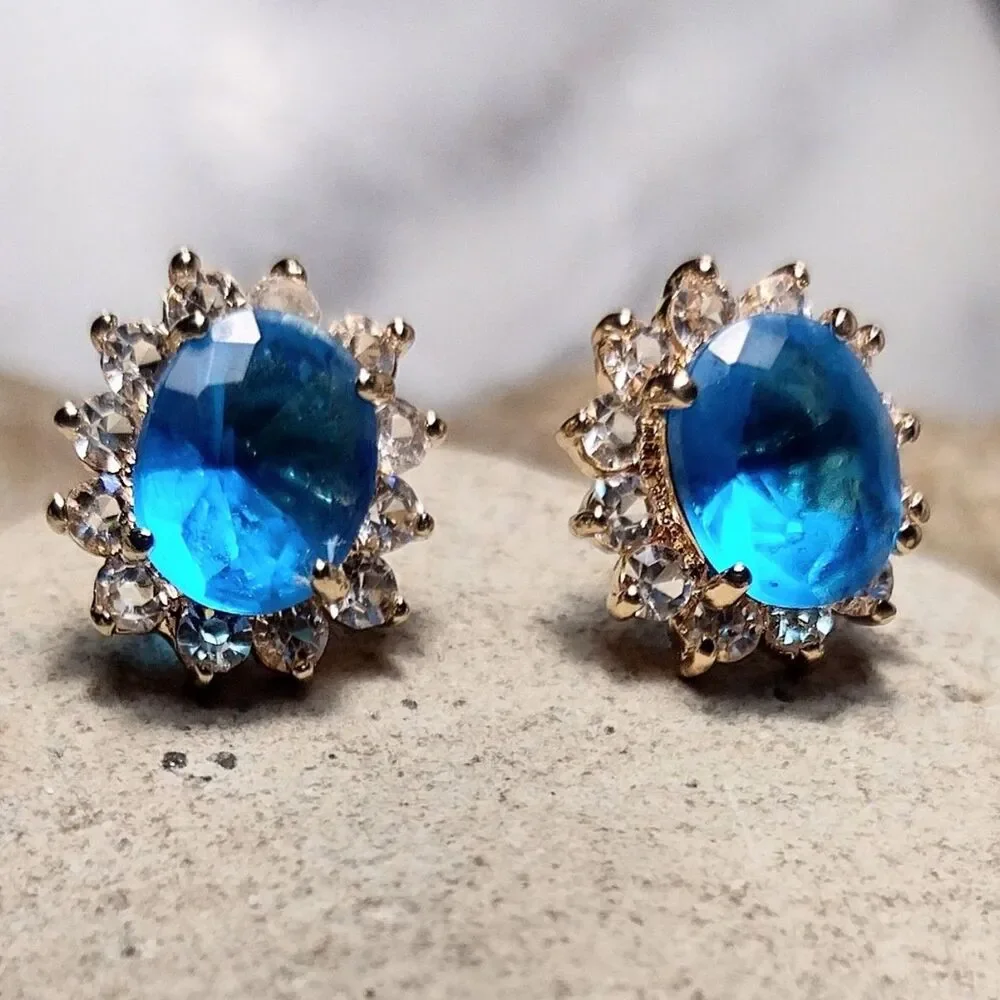 18K GP Gold Plated CZ Blue Earrings